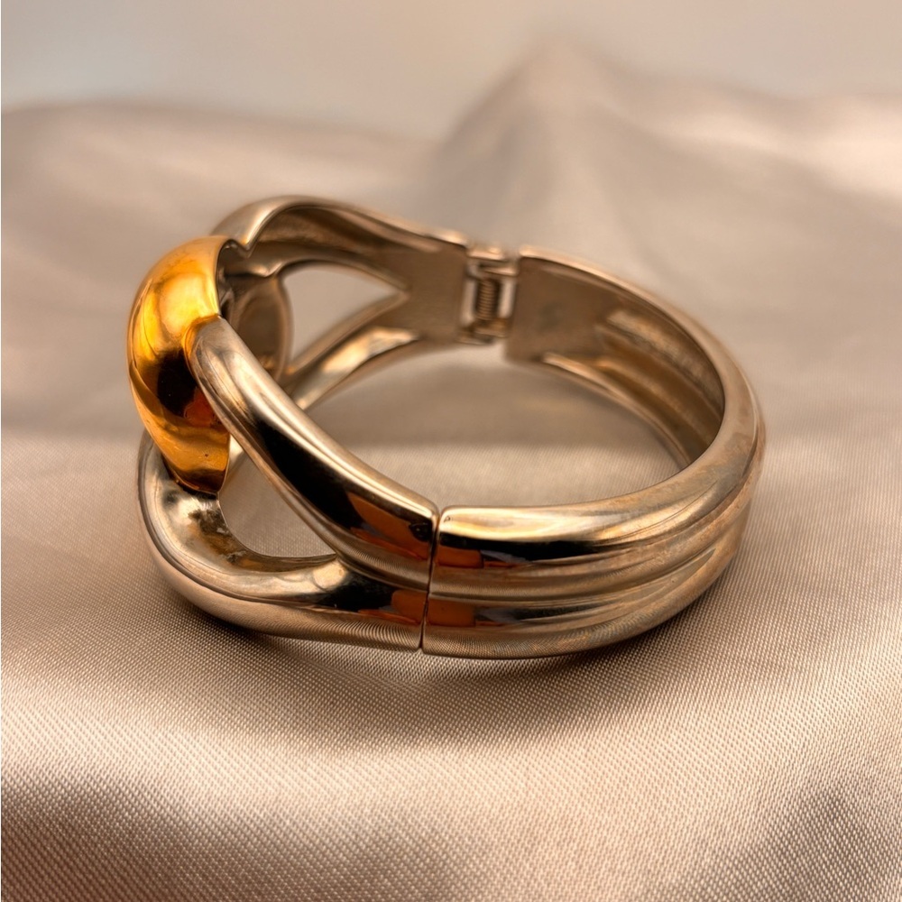 Bold Two-Tone Link Hinge Cuff Bangle Bracelet - Picture 9 of 12